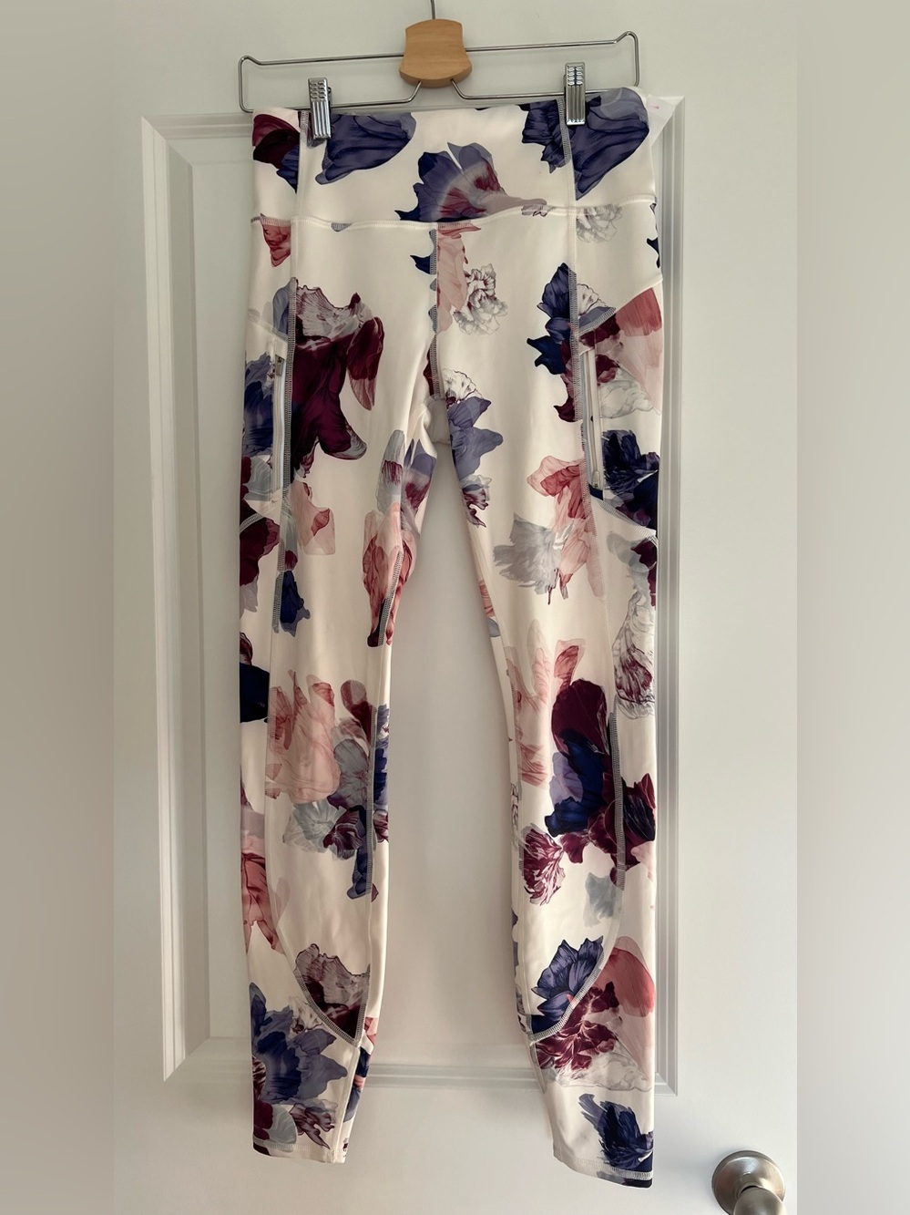 Athleta Cream Leggings with Pink and Blue Floral Print